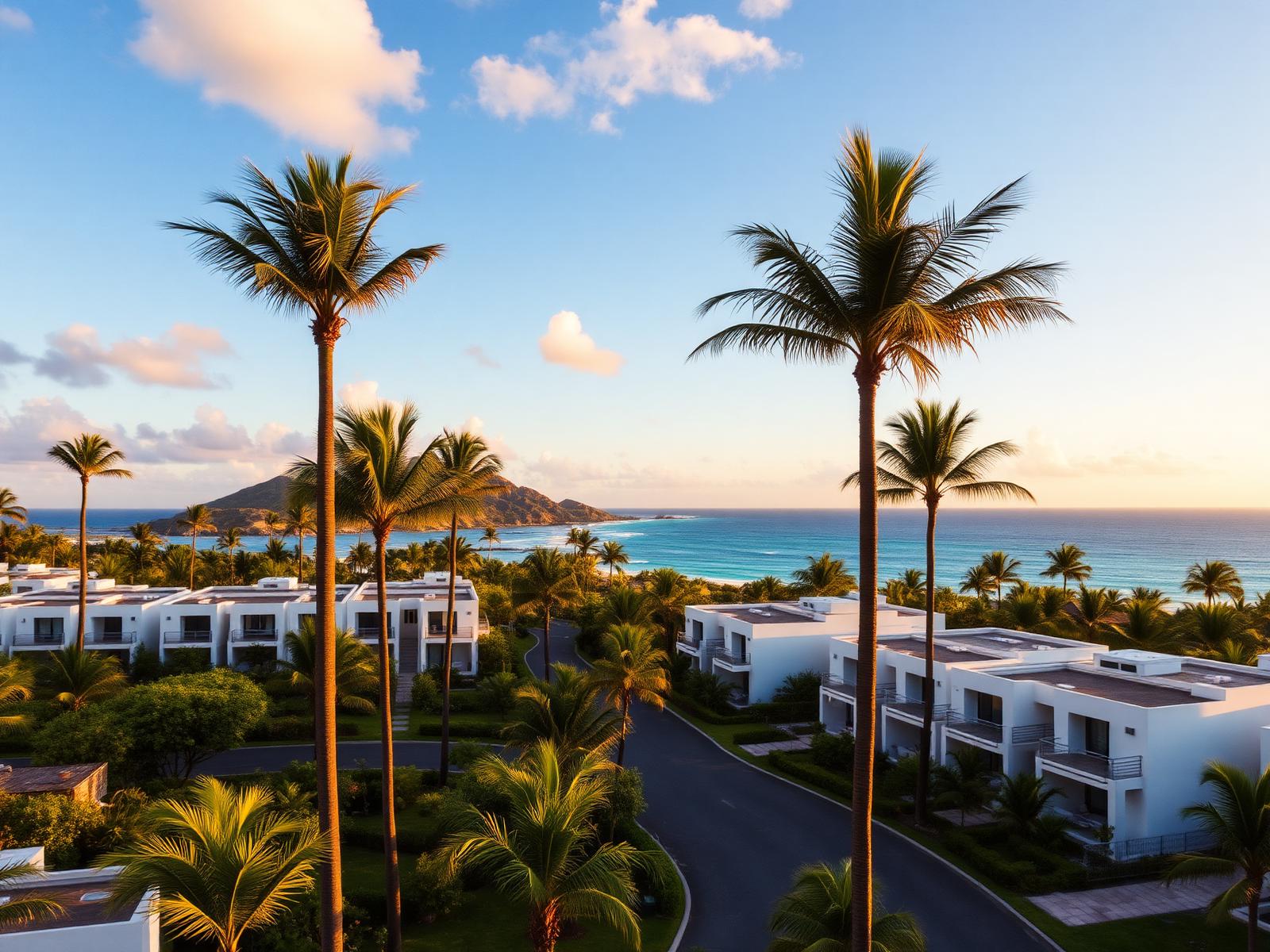 Modern residential community in Mauritius at golden hour